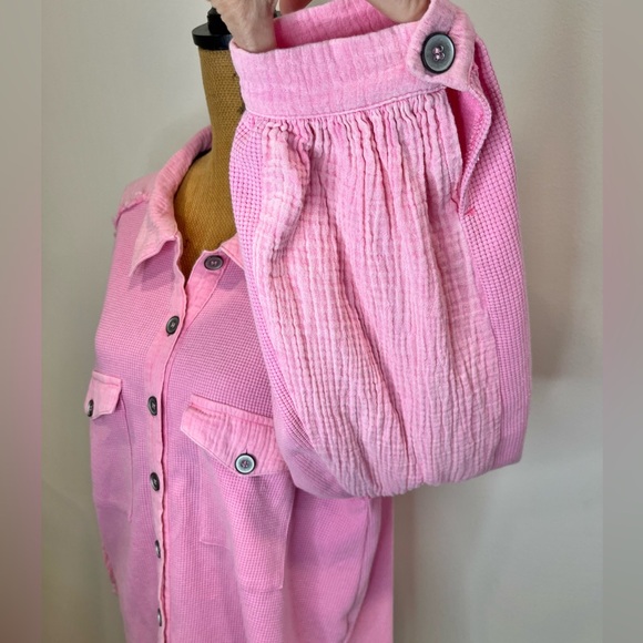 POL Oversized Button Down Waffle Knit Combo Top Pink Size Small - Picture 6 of 13